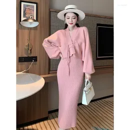 Work Dresses Woman Winter Solid Sweater Sets Female V-neck Knitwear Cardigans And Dreess Ladies Warm Knitted Two Pieces Suits G262