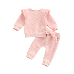 Clothing Sets Valentine 2 Pieces Kids Suit Set Solid Color ONeck Long Sleeve Ruffle Tops Bowknot Trousers for Girls Pink 024 Months 230202