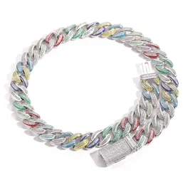 Catena a maglie cubane da 15 mm, collana con diamanti pieni ghiacciati, braccialetti con zirconi colorati hip-hop per uomo e donna