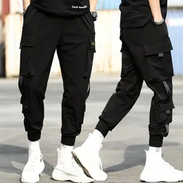 Herrbyxor Summer Men's Casual Elastic Belt Ankle Lace Pocket Cargo Pants Drawstring Jogging Sportswear Traveler 230202