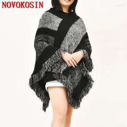 Kadın Sweaters Kadın Pelerinler Gevşek Çizgili Poncho 2023 Sonbahar Örme Açık Güneş Koruma Kazak Üçgen Tassel V Boyun Pullover Coatwom