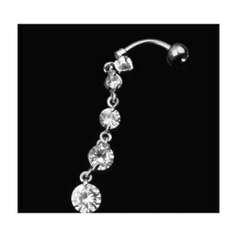 Navel Bell Button Rings Stainless Steel Zircon Long Dangle Round Rhinestone Belly Ring Bar Barbell Piercing Reverse Jewelry 681 T2 Dhalj