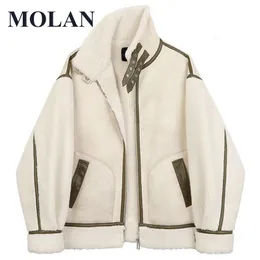 Kadın Ceketleri Molan Sıcak Gevşek Kadın Ceket Kuzular Yün Deri Patchwork Street Giyim Tutleneck Zipper Moda Polar Ceket Üstü Kadın Out Giyim 230202