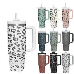 40oz Stainless Steel Tumbler with Handle Lid Straw Big Capacity Beer Mug Leopard Water Bottle Outdoor Camping Cup Vacuum Insulated Drinking Tumblers