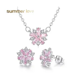 Ohrringe Halskette Zirkon Kirschblüte Schmuck-Set Blume Anhänger Stud Elegante Mode Geschenke Für Frauen Mädchen Drop Lieferung Sets Otkfe