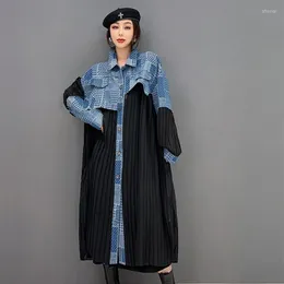 Trench da donna 2023 Cardigan lungo impiombato in denim primaverile Donna Plus Size Cappotto a pieghe allentato Abbigliamento da strada Abiti da sera