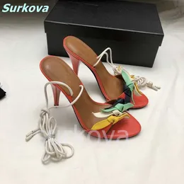 Strappy kelebek düğüm sandalet yuvarlak ayak ayak bileği kayış karışık renkler ince yüksek topuk seksi stilettos kaliteli yaz kadın ayakkabılar 220202