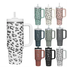 40oz Stainless Steel Tumbler with Handle Lid Straw Big Capacity Beer Mug Leopard Water Bottle Outdoor Camping Cup Vacuum Insulated Drinking Tumblers DD