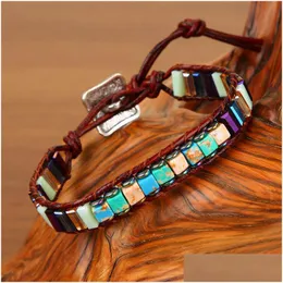 ビーズの手作りの宝石ストランドブレスレットレックagate Quazt Stone Leather Rope Bracelets sier Metated Metal for Women Jewelry Love Wish Dhvkm