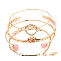 Charm Bracelets 4 Pcs/ Set Classic Arrow Knot Round Crystal Gem Mtilayer Adjustable Open Bracelet For Women Fashion Party Jewelry Gi Otbt5