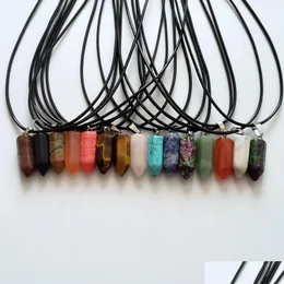 Pendant Necklaces Natural Agate Rose Quartz Crystal Stone Mixed Hexagon Point Pillar Simple Stylish Necklace Size 22X9Mm Dro Dhgarden Dhse5
