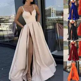 Casual klänningar kvinna klänning sida slits a-line satin ärmlösa spaghettiremmar bankett sexig älskling kvällsfest vestidos