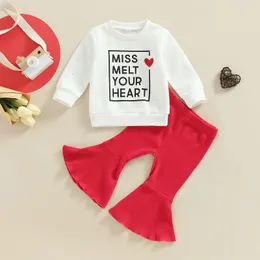 Completi di abbigliamento 1117 Lioraitiin 03 Anni Neonate San Valentino Set Manica lunga Lettere Stampa cuore Felpa Elastico in vita Flare Pant 230202