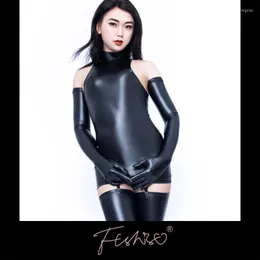 Casual Dresses Ftshist Wet Look One-Piece Dress Neck-Mounted Slim Fit Back Zipper Solid Black Short Fetish Latex Sexy PU Leather Lingerie