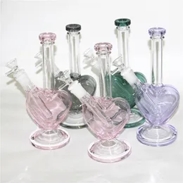 9 inch heart shape glass water bongs for wholesale hookahs pink color dab oil rigs bubbler with 14mm bowl male ash catcher