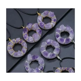 Pendanthalsband Irregar Wire Wrapped Natural Stone Amethyst Necklace 35mm Donut Healing Crystal Collar For Women Fashion Drop Deli Dhlrz