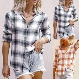 Blouses feminina Business Casual Tops Mulheres xadrez xadrez leves de manga comprida Tunic camiseta para