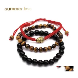 Fili di perline 3 pezzi / lotto Braccialetti di perline Stringa rossa Corda intrecciata Bracciale Uomo Perlina Buddha Occhio di tigre Pietra naturale nera Commercio all'ingrosso Otbjg