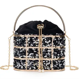 Velvet Metal Cage Evening Clutch Bag for Women 2021 Handv￤skor och Purses Luxury Sequins Chain Bucket Bridal Wedding Party 230202