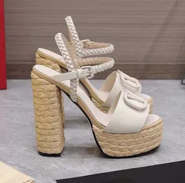 Kadınlar için yüksek topuklu platform sandaletler Moda Tasarımcısı Toka dokuma Lafite çim elbise ayakkabı Hakiki Deri Kadın Ayakkabıları13CM Topuk sandalet fabrika ayakkabı
