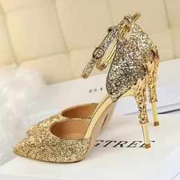 Dress Shoes Women Low Heels Sandals 7.5cm 9.5cm High Sandles Wedding Bridal Party Event Ankle Strap Stiletto Glitter Gold