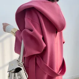 Kvinnors stickor Tees Korean Rose Red Double Sided Hooded Long Wool Like Coat High End Thicked Winter Loose 230202