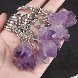 Key Rings Natural Stone Handbag Purse Holder Irregar Amethyst Crystal Quartz Stones Keychains Dangle Car Clasps Chains Keyri Dhgarden Dh2Ia