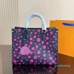 34 cm Damen-Tragetaschen, Designer-Luxus-Schultertasche, 55 Polka Dot, Strand-Shop-Tasche, Kürbis-Tragetaschen, Segeltuch, echtes Leder, Damen-Geldbörse, großes Fassungsvermögen, zwei lange Riemen