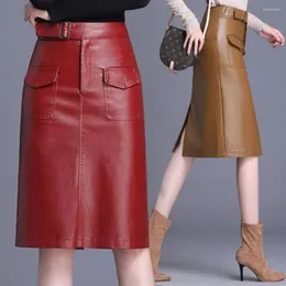 Skirts 2023 Women PU Leather Bodycon Autumn Front Slit High Waist Streetwear Straight Skirt Pocket Knee-Length X23