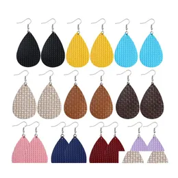 Charm Weave Pattern Teardrop Leather Earrings for Women Bohemian Rhombus Lattice Colorf Statement Light Weight Oval Earring Smycken Otfap