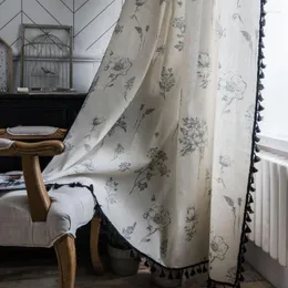 Curtain Black Tassel Curtains In The Living Room Gray Flower Print Pastoral Bay Window Decoration Kitchen Blackout Tulle Lace