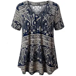 T-shirt de tamanho grande feminino Summer Women v pescoço de manga curta impressão retrô Blusa vintage 4xl plus size ladies túnicas túnicas grandes roupas femininas 230203