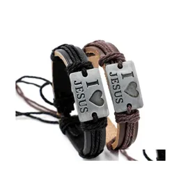 Charm Armband Europe Fashion Jewelry Mens Retro Alloy Iove Jesus Handmased Rope Weave Leather Armband Drop Delivery Dhlli