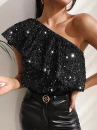 T-shirt da donna 2023 Top asimmetrico con paillettes da festa Vestibilità slim Corto Sexy Elegante da donna Scintillante scintillio Wear Club Night One Shoulder