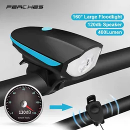 Luzes 3 modos Luz frontal de bicicleta com chifre de sino super alto USB Bike de bicicleta de bicicleta de ciclismo à prova d'água Lâmpada de lanterna de lanterna MTB 0202