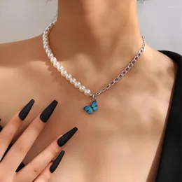 チェーンZhixun Pearl Butterfly Chain Necklace Vintage Silver Color Cokers for Women Trendy Fashion Jewerly Accessories