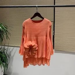 Women's T Shirts Miyake Pleated Ladies Casual Loose Thri-Dimensional Flower Liten kjol Three-Quarter Sleeve All-Match Top