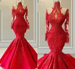 Lyxiga röda spetsklänningar kvällskläder sjöjungfru prom klänning illusion långärmad hög krage pärlstävlingsmamma till brudpartiet 2023
