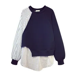 Bluzy damskie bluzy jesienne zimowe wzór okrągły szyi bluzki Kobiety Fałszywe Dwa kawałki Paski Patchwork Design Loss Casual Fashion Korean T-Shir 230202