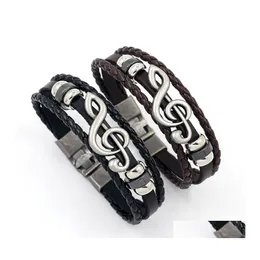 Charm Armband Europe Fashion Jewelry Retro Mens Buckle Alloy Large Music Notes Leather Armband Drop Delivery Dh4RT