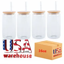 US/CA STOCK 16OZ Mugs Beer Can Shaped Bamboo Lid Cups Bubble Tea Boba Insulated Glass Tumbler With Lid And Straw Indivial Pack