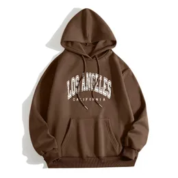 Kvinnors hoodies tröjor los angeles brev kvinnor harajuku casual lös långärmad huvtröja höst vintage brun pullover blus toppar 230202