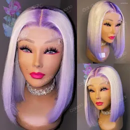 Purple Short Bob Lace Front Wig 13x4 Colered Human Hair Wigs Icy Blonde Straight Frontal