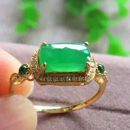 Solitaire Ring Original Design Natural Green Chalcedony Diamond Opening Justerbar ring Kinesisk retro Ljus lyx charm kvinnor silver smycken y2302