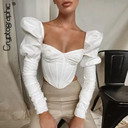 Kadın Bluzlar Gömlekler Şifreleme Kare Yaka Vintage Moda Korse Kadın Üst ve Zarif Puflu Uzun Kollu Üstler Seksi Blusas 230203