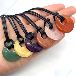 Pendanthalsband 27mm Lucky Ring Healing Natural Stone Agate Lapsi Pink Crystal Rope Chain For Women Män Drop Delivery Jewel Dhgarden Dhn58