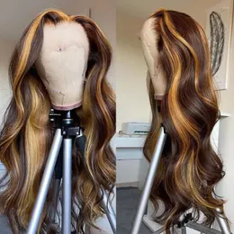 Fala ciała 30 -calowa Podświetlanie 13x6 koronkowe peruki ludzkie peruki włosy miód blond woda w kolorze Ombre T Frontal dla kobiet