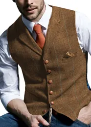 Mens Vests Green Plaid Tweed Wool Waistcoat Slim Fit Lapel Suit Casual Groomsmen Tuxedo For Wedding 230203
