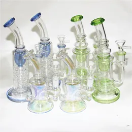 Mini-Öl-Dab-Rigs, Wasserpfeifen, dicker Perkolator, Perc-Glasbongs, Regenbogen-Blau-Grün, 14 mm weibliche Gelenk-Wasserpfeifen mit Schüssel-Aschefänger