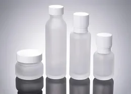 Bottiglie per la cosmetica in vetro gelido da 50 ml Bottiglie per lozione in vetro da 1,7 once Bottiglia per pressa in vetro da 50 CC Bottiglia vuota con tappo bianco